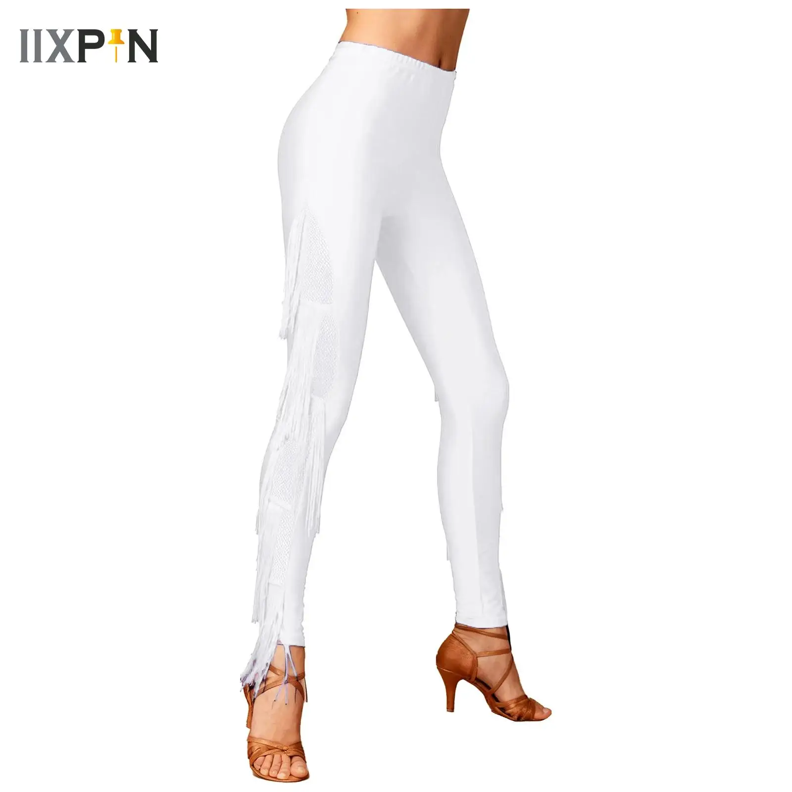 

Womens Dancewear Elastic Waistband Tassel Latin Dance Pants Tango Cha-Cha Performance Costume Tiered Fringed Leggings Trousers