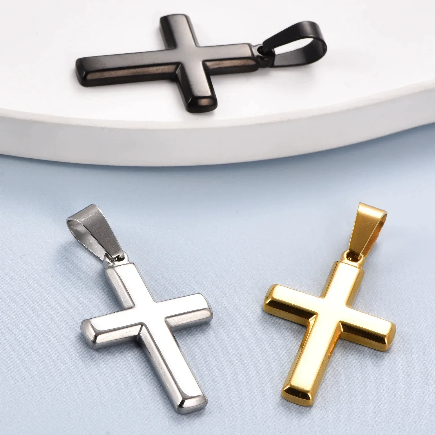 Recessed Grooved Cross Pendant Necklace Stainless Steel Box Chain Waterproof Christian Jewelry Gift for Men Unisex Wholesale