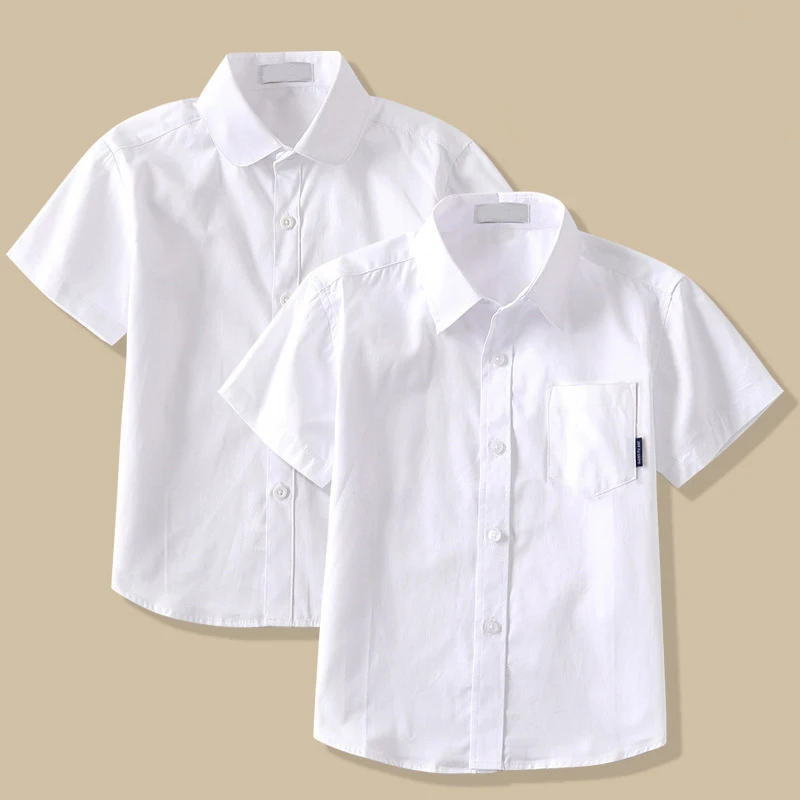 

Teenage School Boys Shirts Cotton Turn-down Collar Tops for Children Summer Kids Short Sleeve White Blouses 8 10 12 14 16 18Year