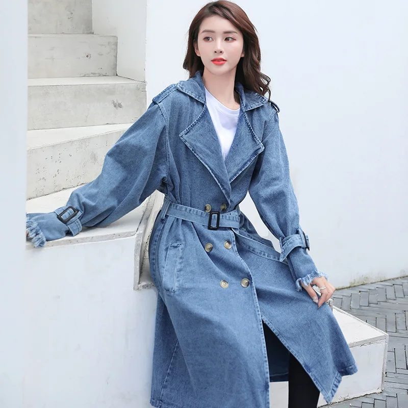 2025 Women's Denim Trench Coat Autumn Double Breasted Belted Casual Jean Overcoat Loose Long Windbreaker Jacket Couple Models