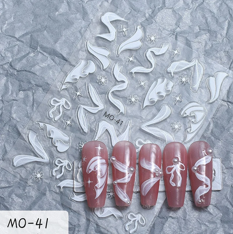 5d Embossed Nail Art Stickers Semi-Transparent White Silky Ballet Ribbons Bowknots Decals Decorations For Nail Tips Manicures