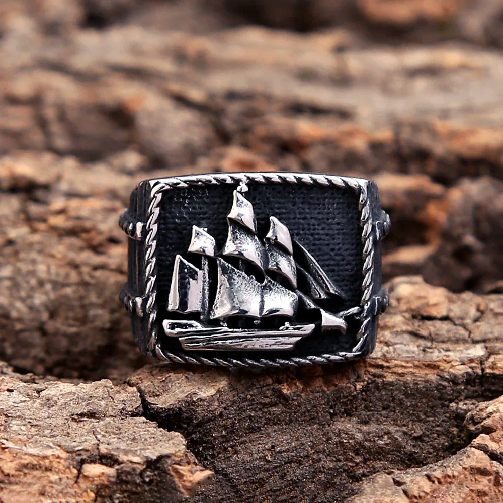 Punk Gothic Viking Pirate Ship Stainless Steel Signet Ring Cool Male Sailor Lucky Amulet Party Stylish Accessory Gift Wholesale