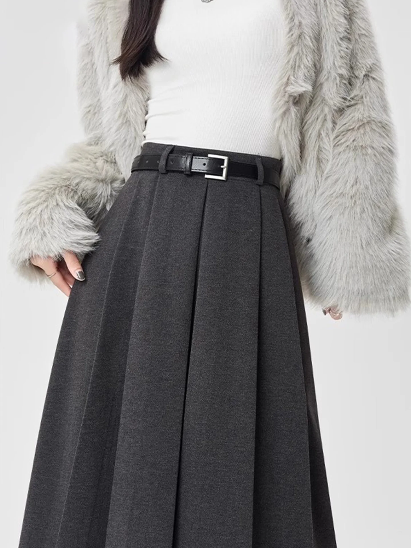 

Шерстяная длинная юбка А-силуэта с высокой талией для женщин, весна-осень 2026, новая модель, корейская версия, плиссированная юбка-солнце для офиса