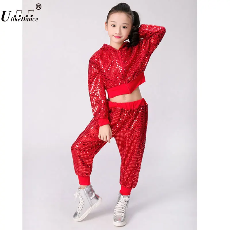 Disfraz de baile de Jazz con lentejuelas para niño y niña, traje moderno de animadora, Hip Hop, Top corto y pantalón, ropa de actuación