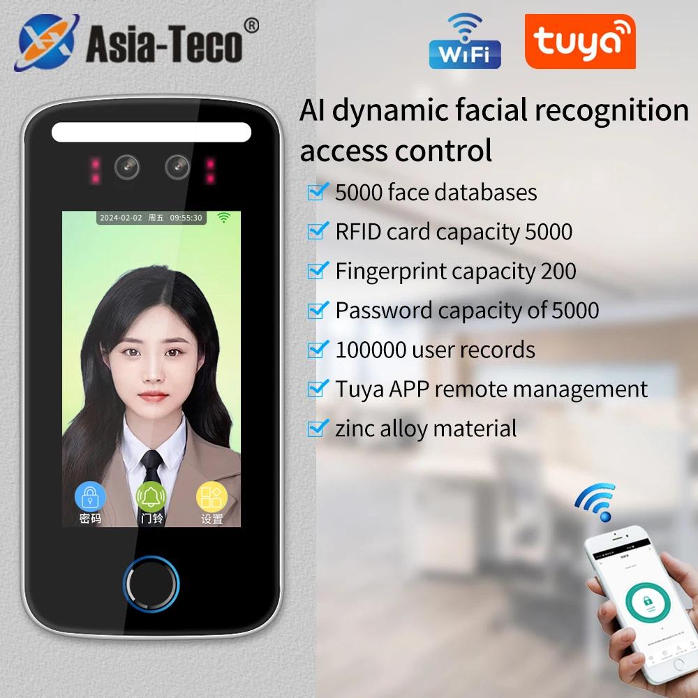 

TCP IP Tuya Smart Life WIFI Facial Recognition USB Time Attendance Device 5000 Face AI Dynamic RFID 125KHz Access control System