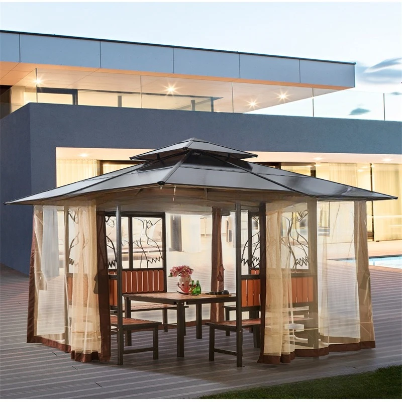 Outdoor Gazebo Family Villa Courtyard Agritainment Straw Shed Log Cabin Straw Wrought Iron Pavilion Four Corners Thatch Pavilion