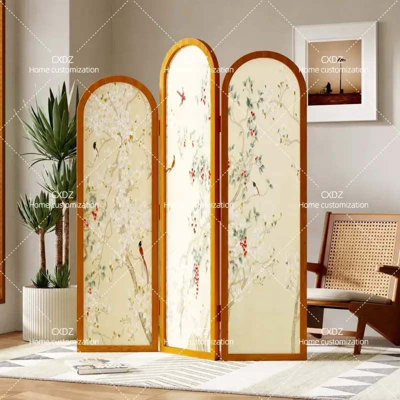 Foldable Screen Partition for Living Room Bedroom Mobile Room Divider with Flowers and Birds Pattern Antique Style Entrance