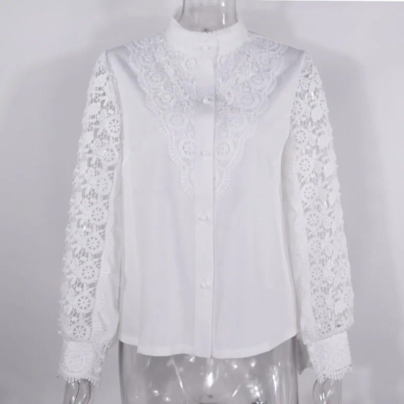 Women Sexy White Lace Patchwork Hollow Out Shirt Blouse Long Sleeve O-Neck Mesh Tops 2023 Spring Prink Elegant Button Blusas Muj