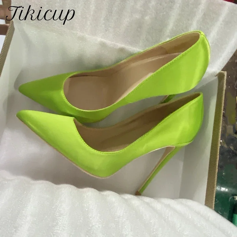 حذاء Tikicup نسائي جديد من الساتان الأخضر النيون بمقدمة مدببة وكعب عالٍ، حذاء بكعب ستيليتو لامع أنيق، حذاء رسمي جذاب للحفلات