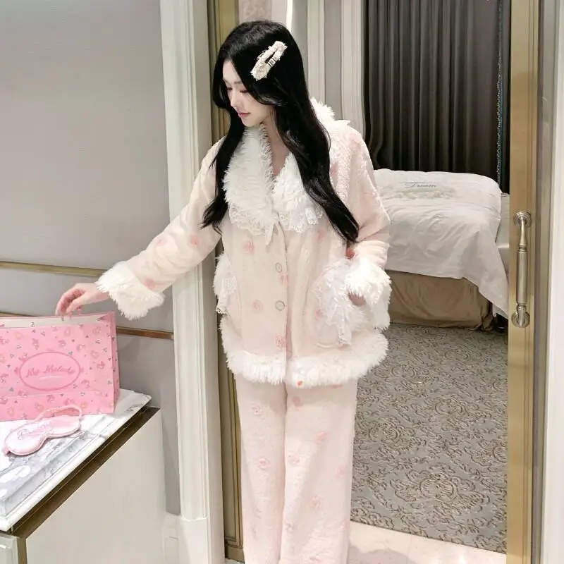 

Flannel Pajamas Women Winter Flannel Fleece Thick Warm Coral Fleece New Homewear Set for Girl Cute Kawaii Fashion Trendy
