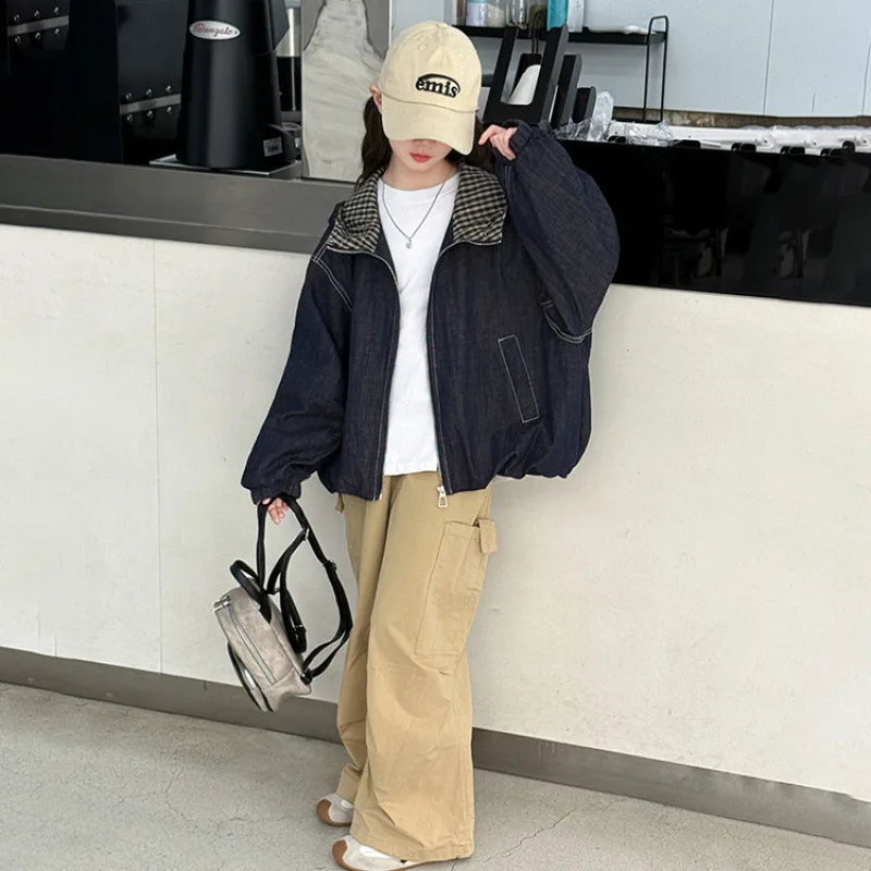 

Junior Girls Autumn Coat Korean Retro Plaid Hooded Children Girls Outerwear Loose Zipper Long Sleeves Teenager Girls Jacket