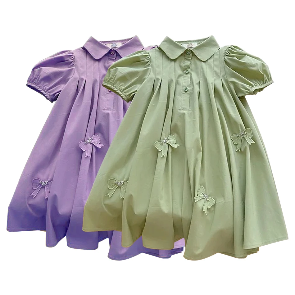 Girls Summer Wardrobe Update Polo Collar Casual Dresses with Bubble Sleeves Suitable for Medium to Big Kids Stylish for Playtime