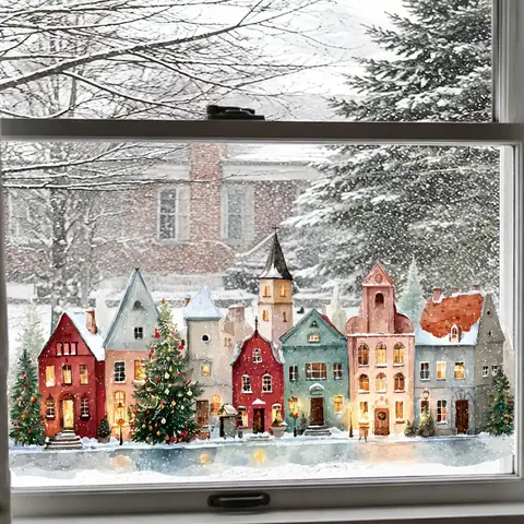 Christmas Village Window Stickers,European Style Snowy Town with Illuminated Windows,Electrostatic Window Clings,for Shop Front