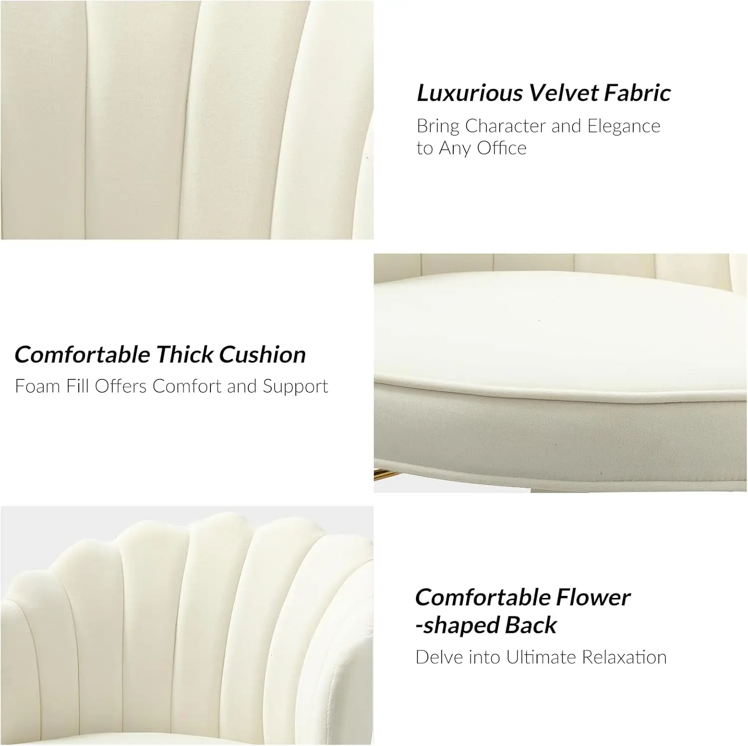 금색 베이스가 있는 벨벳 사무실 의자, 조절 가능한 회전 작업 의자, 여성용 아이보리 쉘 등받이 디자인, 거실 및 화장대
