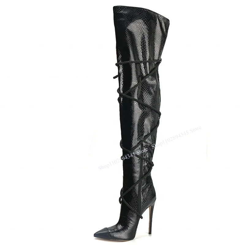 Black Over Knee High Strap Boots Thin High Heel Pointed Toe Fashion 2023 Summer Casual Big Size Woman Shoes Zapatillas Mujer