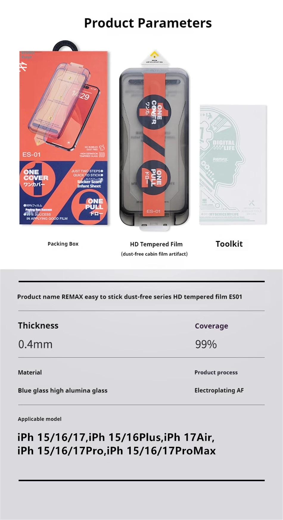 REMAX – einfach anzubringendes, staubfreies Schutzglas für iPhone 18 Pro, 18 Pro Max, iPhone 17, 17 Pro, 16/15 Serie – EIN DECKEL, EIN ZUG – Detail 10