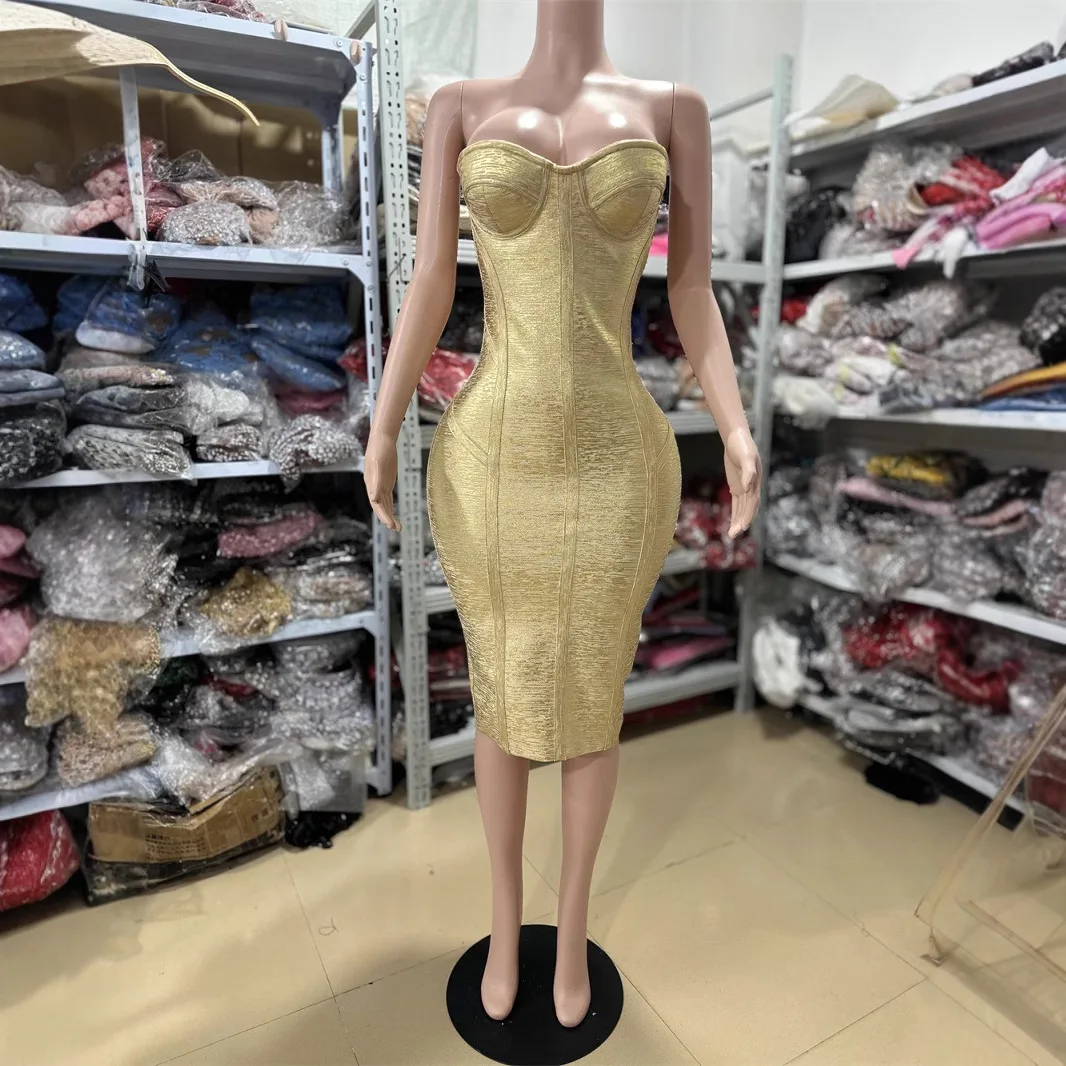 

Women Luxury Sexy Gold Bronzing Knee Length Bodycon Bandage Dress Celebrity Evening Club Party Dresses Guest Looking Top Quality