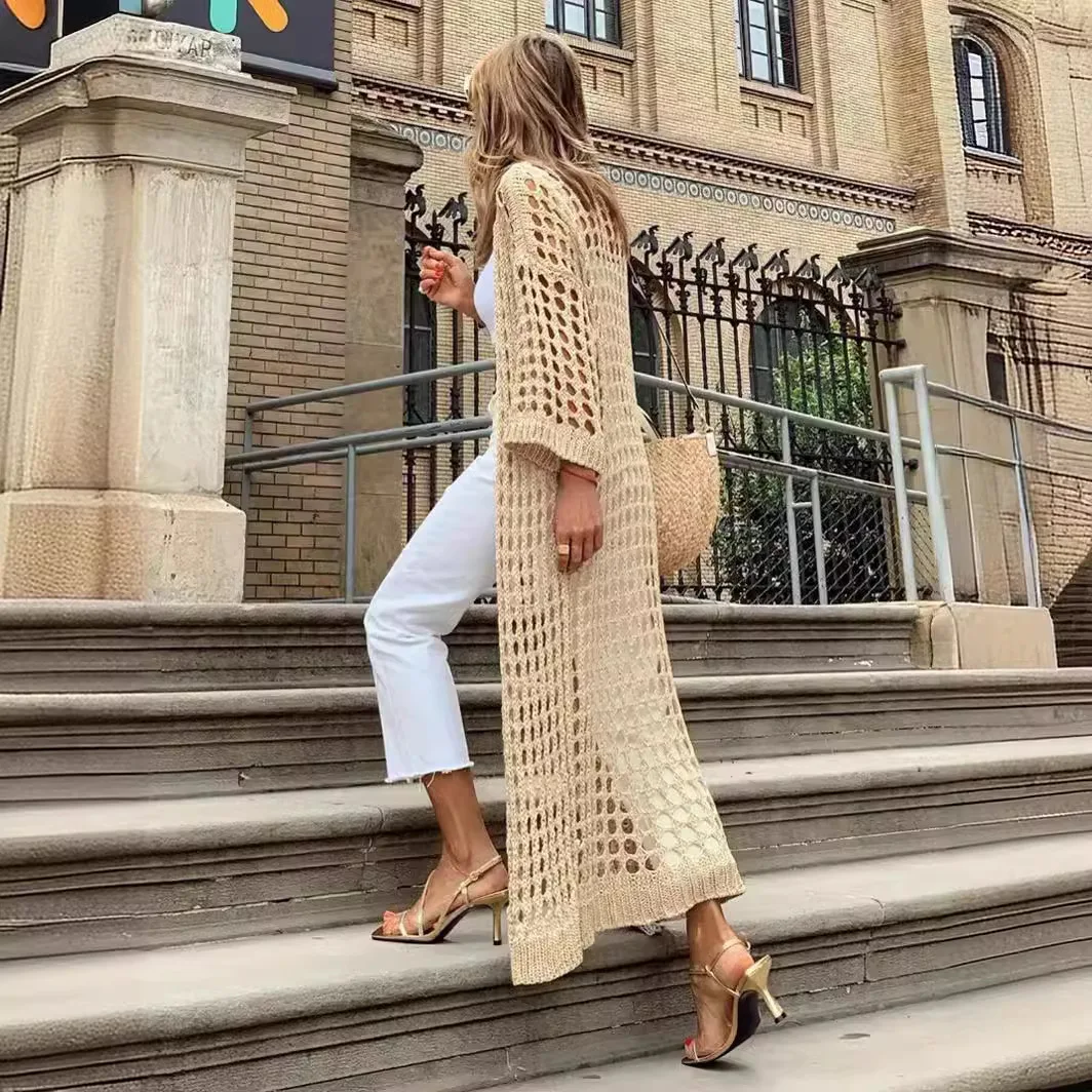 

Женский свитер Бежевый ажурный удлиненный стильный кардиган с темпераментом, вязаный свитер, осень 2025 г.