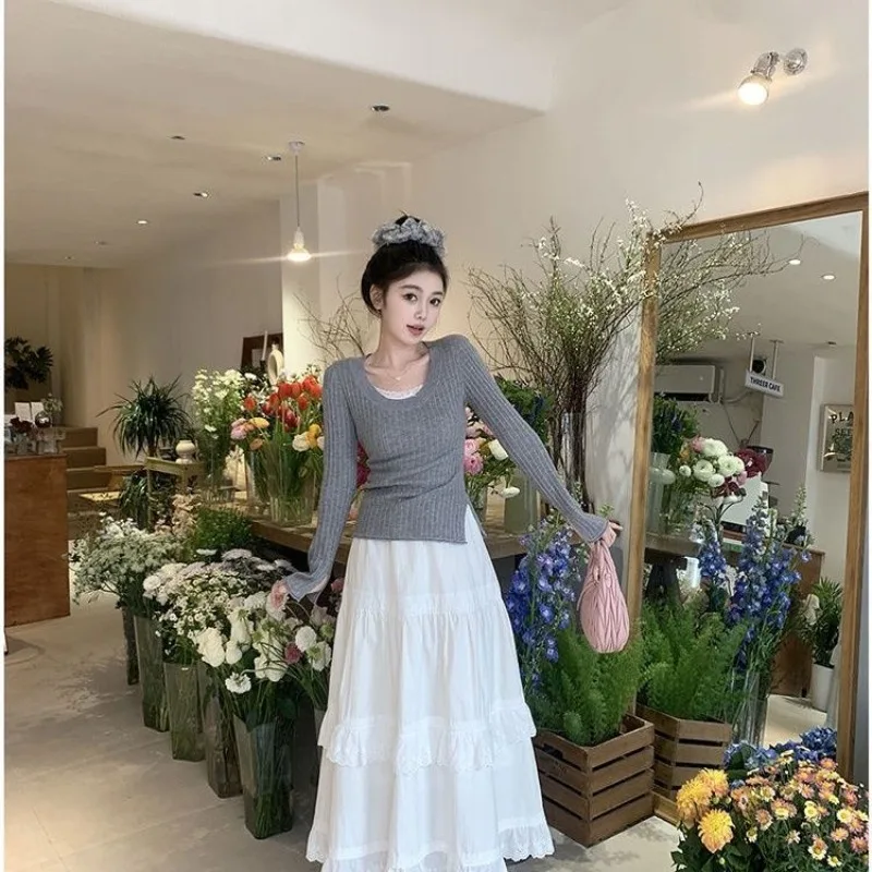 Lace A-line Loose All-match Spring Autumn Ankle-length Skirts for Women Korean Style Female Tender Fashion Leisure Students Chic