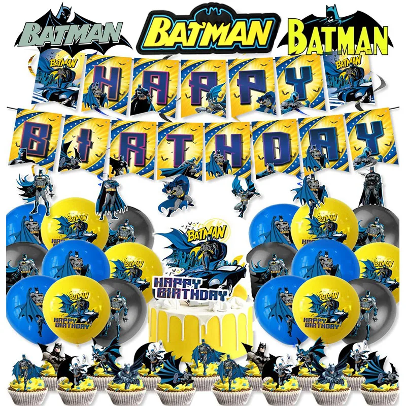 Batman Theme Birthday Party Anime Action Figure Image Banners Cake Topper Balloon Baby Shower Kids Disposable Supplies Event