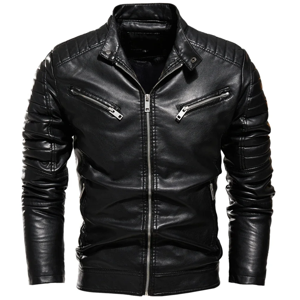 2025 Winter Black Leather Jacket Men Fur Lined Warm Motorcycle Jacket Slim Street Fashion BLack Biker Coat Pleated Design Zipper - Image 5