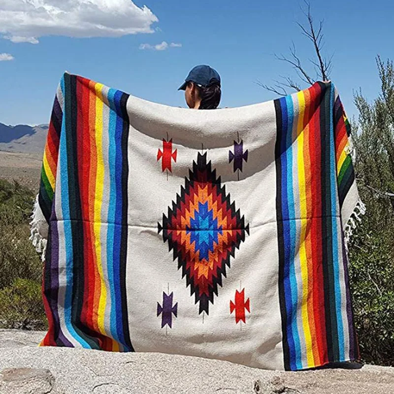 Manta de Picnic de estilo mejicano para playa al aire libre, tapiz colgante con estampado de diamantes para sofá, cama, avión, viaje, Camping con