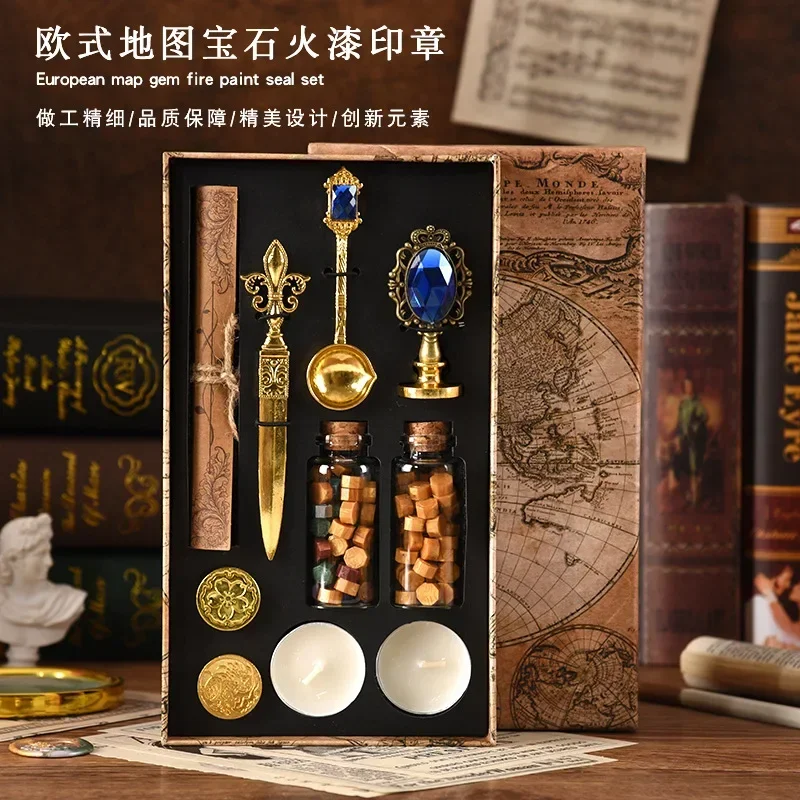 European map box fire paint seal set exquisite gift box gem seal handle European creative wax melting spoon