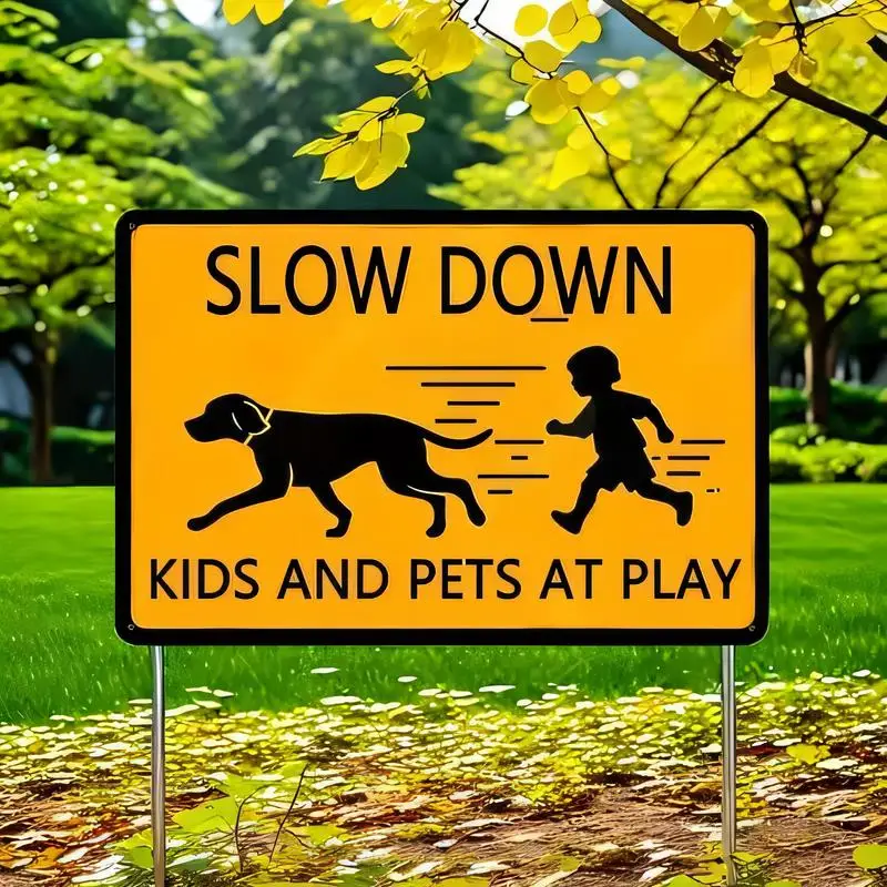 Yellow Metal Slow Down Sign - 2D Kids & Pet Silhouette, Iron Outdoor Safety Decor for Yard/Neighborhood, Cartoon Style Family -