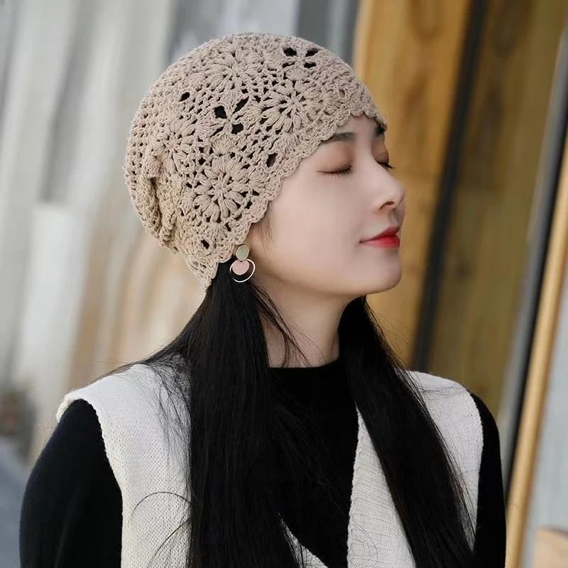 Foldable Handmade Hollowed Out Knitted Hat Breathable Summer Flowers Beret Cap Casual Skullies Hat Women Cutout Gorras Кепка 모자