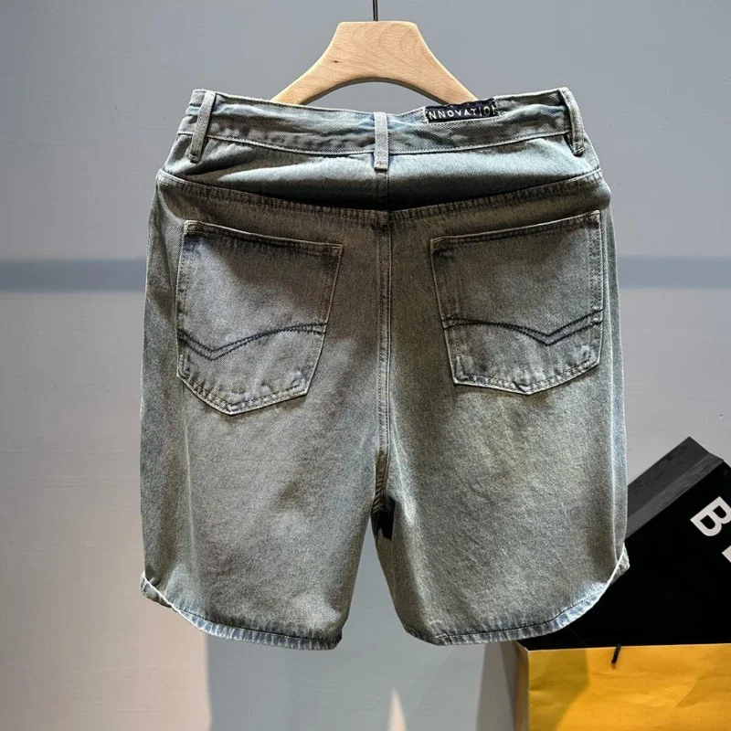 Męskie spodenki jeansowe Tekst z kieszeniami Sznurek Męskie krótkie jeansy Spodnie Vintage Nowość w Streetwear Cienki koreański trend w modzie 2024