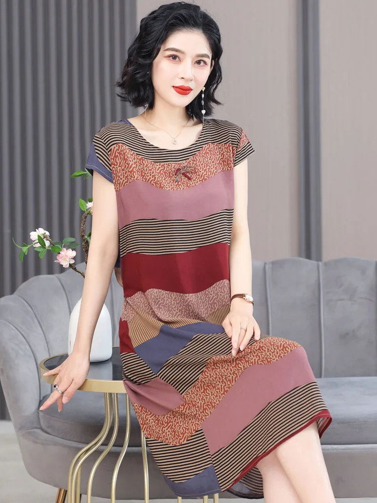 

Pure Cotton Silk Women's Sleepwear Summer Outdoor Dress Artificial Cotton Dress Mid-Year round Neck Short Sleeve Floral Print