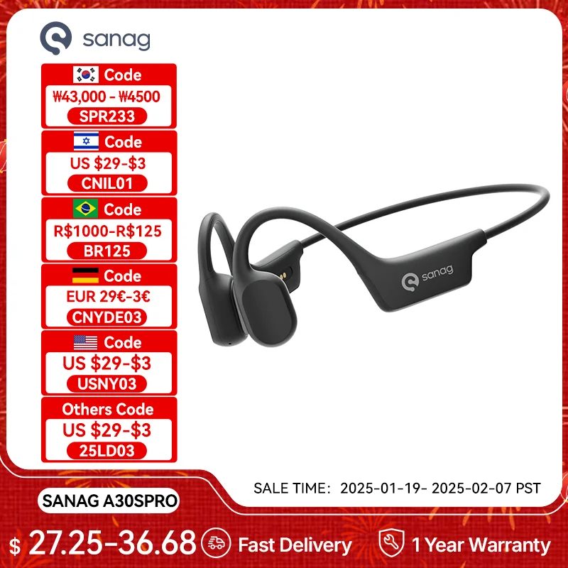 Sanag A30S AirRun Wireless Bluetooth 5.3 Earphone Open Ear Air Conduction 360° Panoramic Sound Headphone IPX7 Waterproof Headset