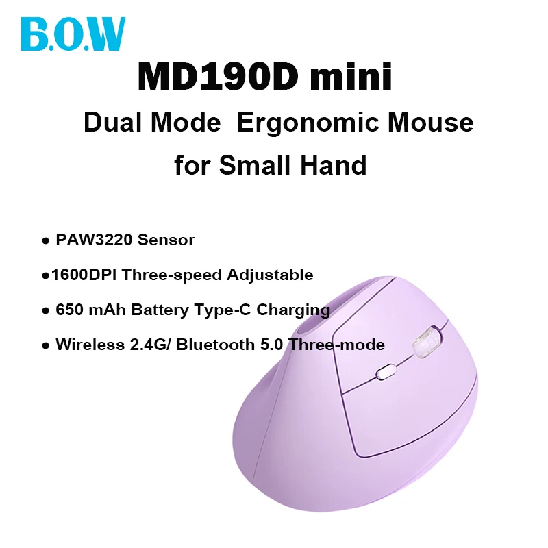 B.O.W MD190mini Bluetooth Wireless Dual-mode Silent Mouse Ergonomic for Girls with Small Hands Home Office Portable Mouse Mini