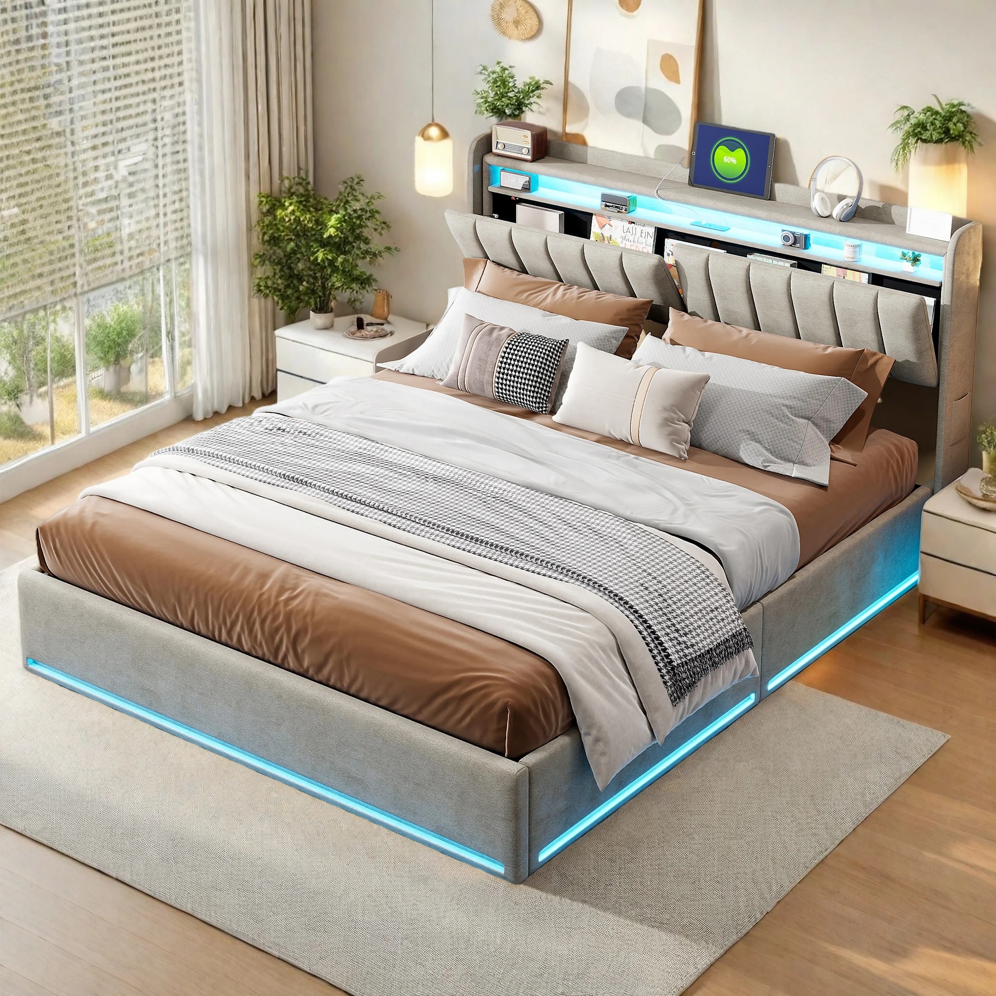 Cadre de lit double rembourré Comanlai 140x200cm 160x200cm avec éclairage LED, ports USB et rangement gris