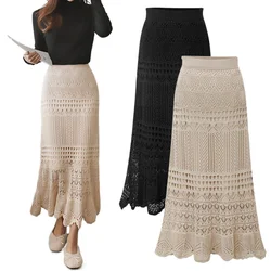 Skirt Women's High Waist Loose Yard Crocheted Flower Hollow Knitted Skirt Hips Medium-length Skirt Girl 1108