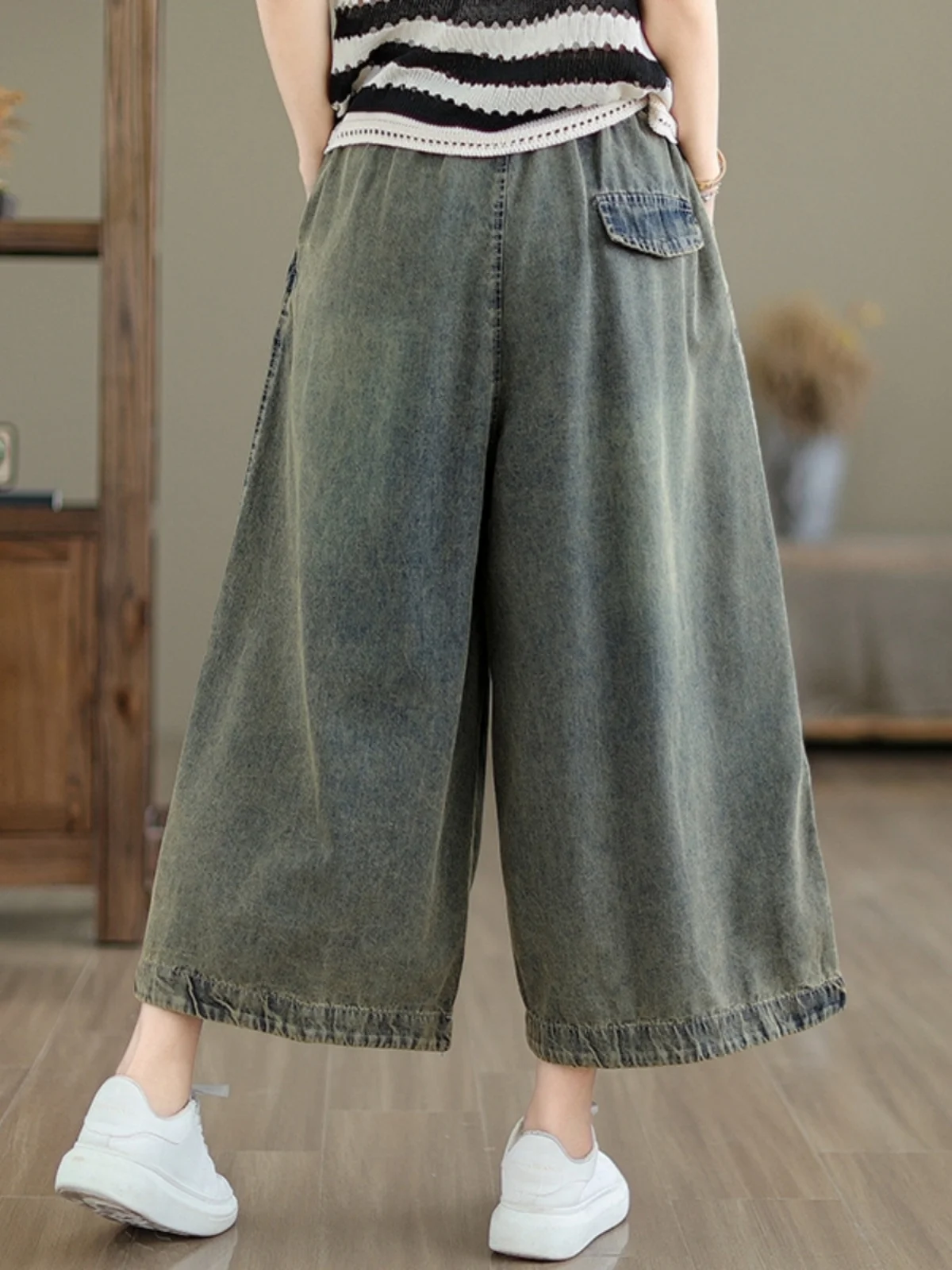 

Retro Embroidered High Waist Dstring Wide Leg Jeans Women Summer New Straight Cut Loose Trousers Skirt Casual Denim