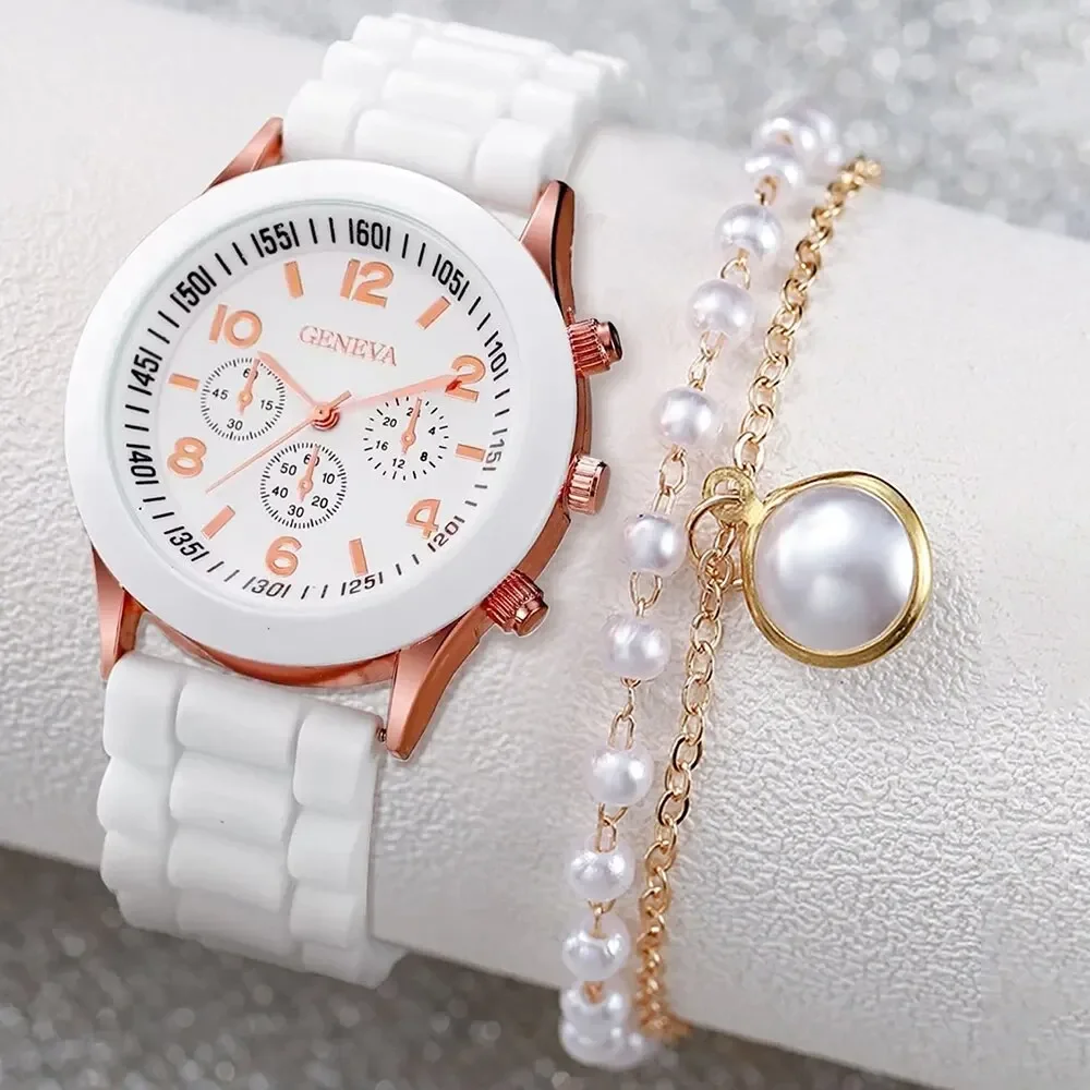 

2PCS/Set Women's Watch Fashion Silicone Band Analog Quartz Watches Pearls Bracelet Set