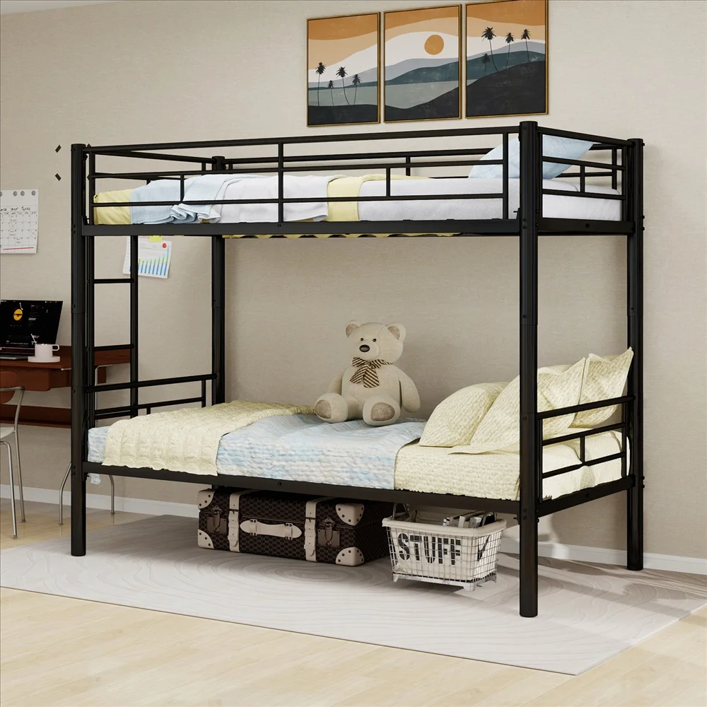 Lit superposé en métal double, cadre robuste noir avec barrières de sécurité et échelle, convertible, gain de place, pour enfants et adolescents