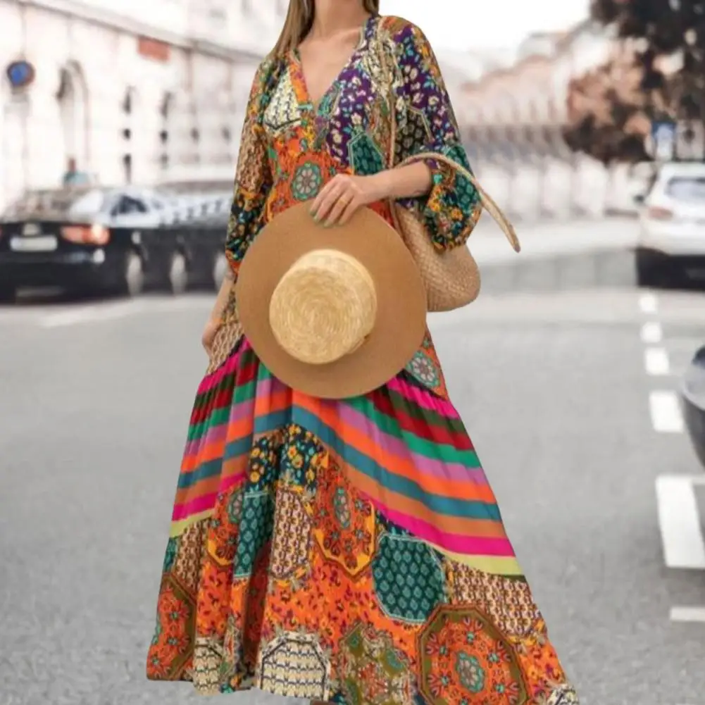 

Chic Skin-touching Lightweight Anti-fade Stitching Draped Large Hem Ethnic Print Maxi Dress Retro Dress Ankle Length