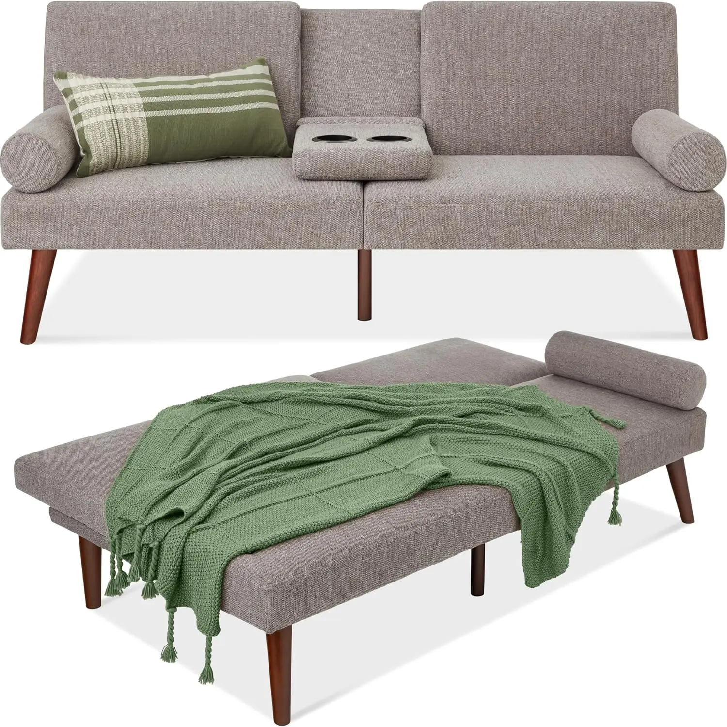 Mid-Century Modern Upholstered Futon, Convertible Folding Sofa Bed, Small Couch w/Rounded Armrests, 2 Cup holders