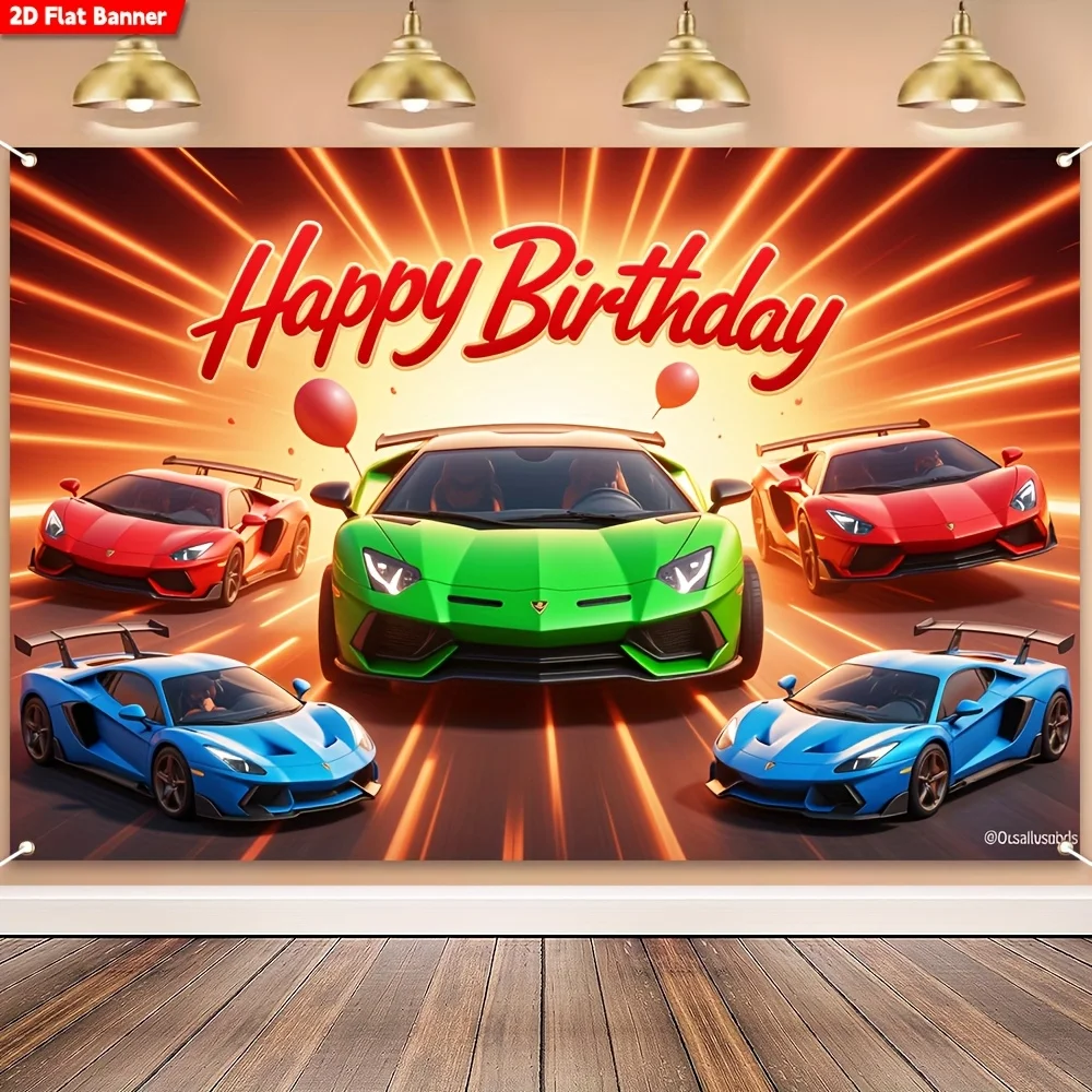 2D-Flugzeug, 1 Geburtstagsbanner im Rennwagen-Design – Eine Partydekoration mit schnellen Rennautos und einem Speedway-Design