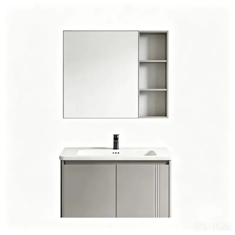 Light Grey Modern Honeycomb Aluminum Bathroom Vanity Set With Ceramic Basin Side Open Storage Mirror Cabinet Slow Close Hinge