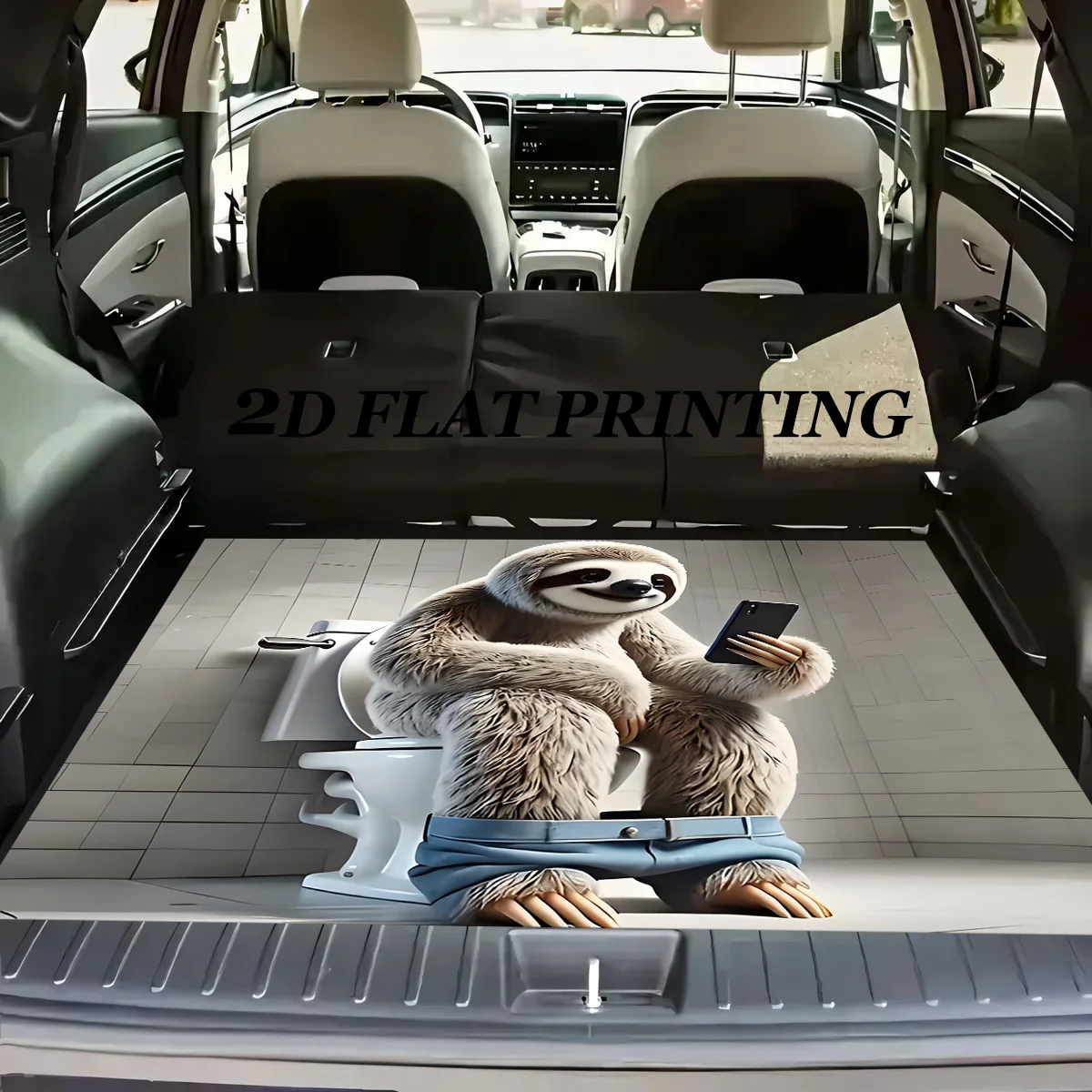 1pc Non-Slip Stylish Car Trunk Mat, Featuring A Funny Sloth Playing With A Phone On A Toilet Pattern Design - Durable Material,