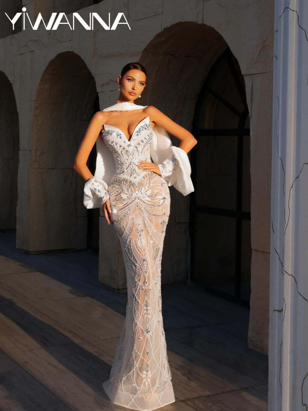 

Stunning Beaded Sheath Long Wedding Dress Opulent Crystal Vneck Bridal Gown Customized Dreamy Sleeveless Dresses For Bride