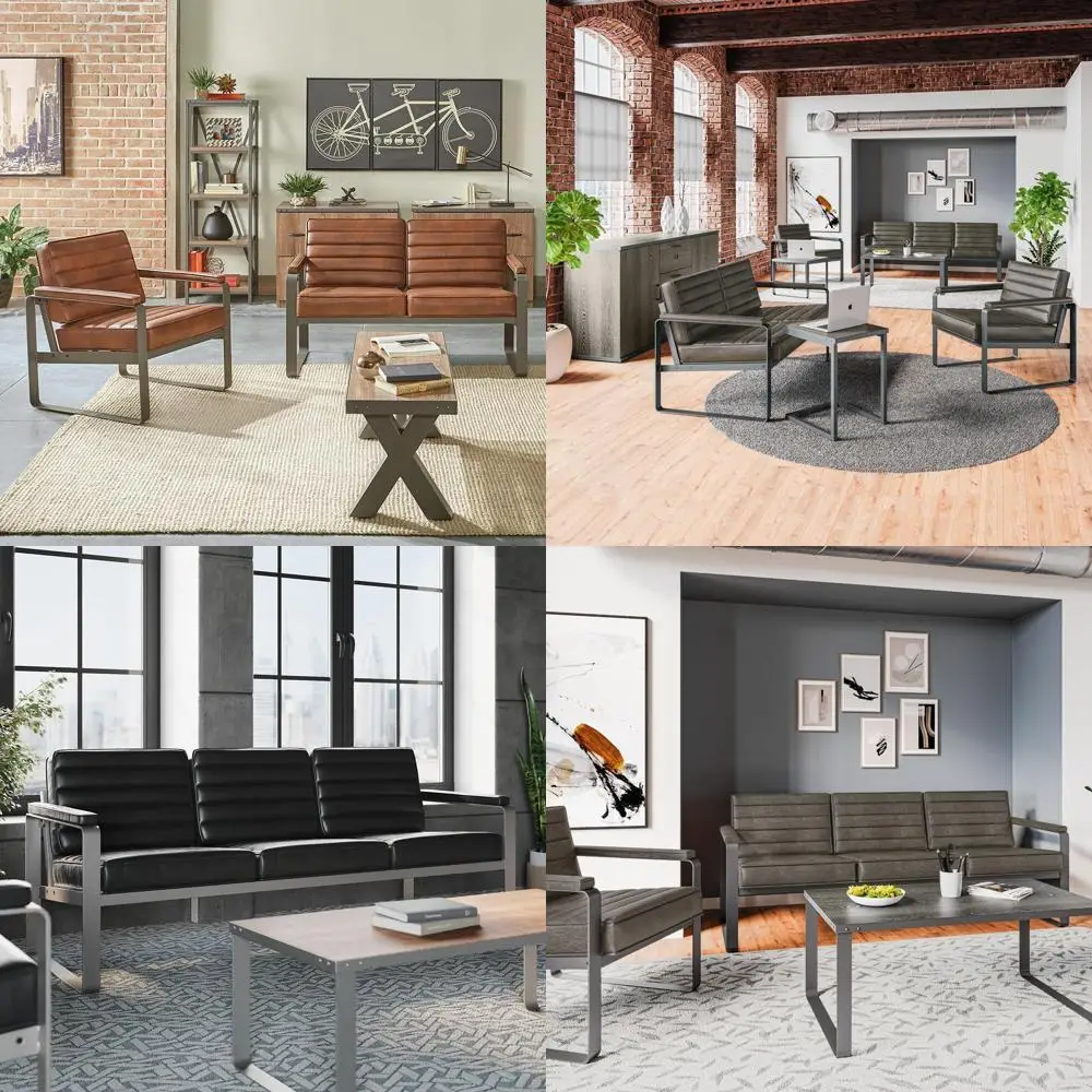 

3-местный офисный диван-софа - черная обивка из искусственной кожи, металлический каркас цвета уголь, 78.75x30.75x29.5