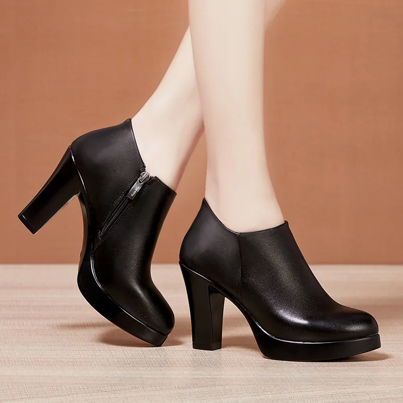 high quality leather shoe for women 8cm 10cm high heel platform point toe 32 33 43 elegant fashion 2024 autumn winter shoe black