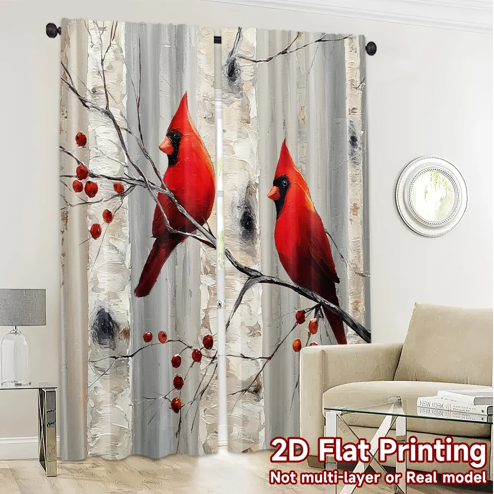 2pcs Red Cardinal Curtains Birch Tree Bird Window Drapes Winter Rustic Nature Oil Painting Decor Living Room Bedroom