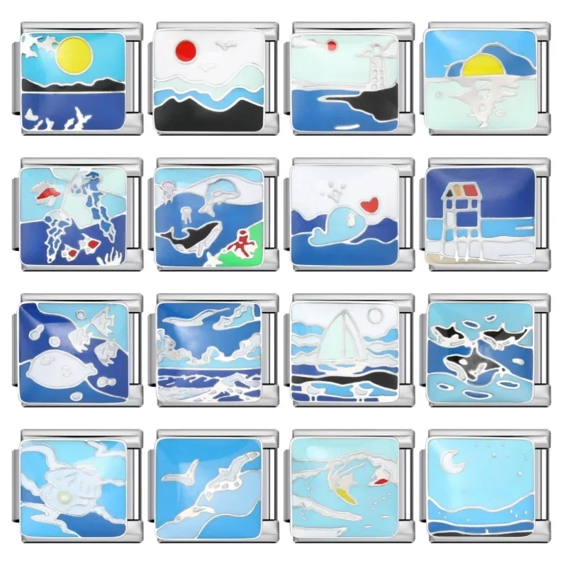 

2025 New Blue Marine Elements Italian Charm Fit 9mm Modular Bracelet Stainless Steel Men and Women Jewelry Wholesale