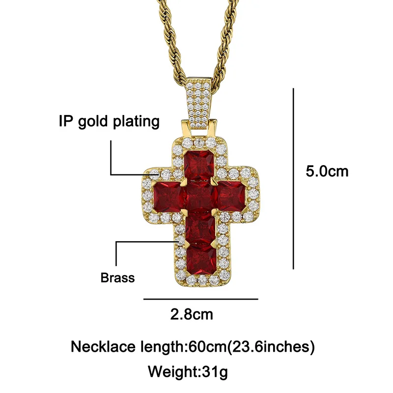 Hip Hop Claw Setting Red 5A+ CZ Stone Bing Iced Out Cross Pendants Necklace for Men Rapper Jewelry Gift Gold Silver Color