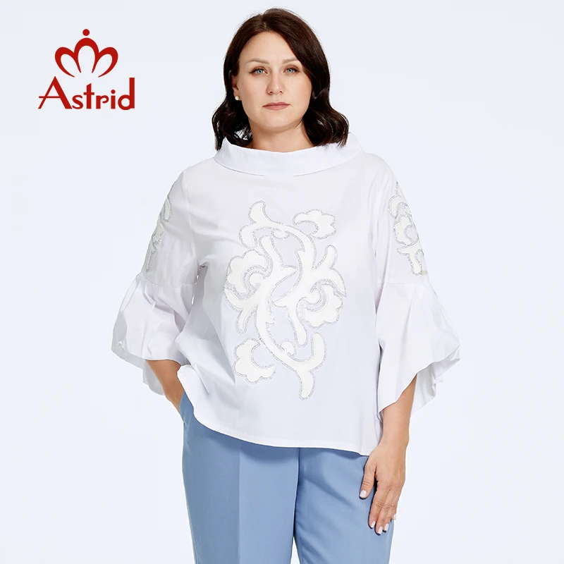 Astrid Women\'s T-shirt Plus Size Loose Cute Top Female Dating Tee Blouse Flared Sleeve Stand-Up Collar Diamonds Fashion Clothing
